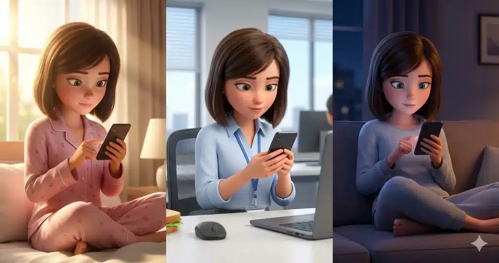 朝の起床時、昼休み、夜のリラックスタイムの3つのシーンで、スマホをチェックする女性の様子。毎日決まった時間に確認するルーティンを表現。