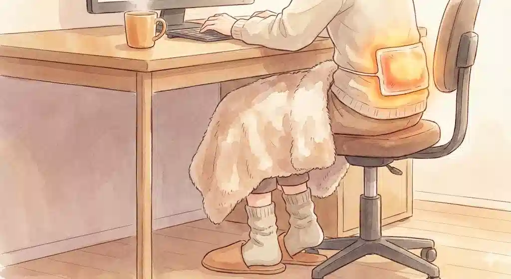 デスクワーク中の女性の足元と腰回りのアップ。厚手の靴下、ひざ掛け、そして腰の位置で温まるカイロを描写した、デスク冷え対策のイラスト。