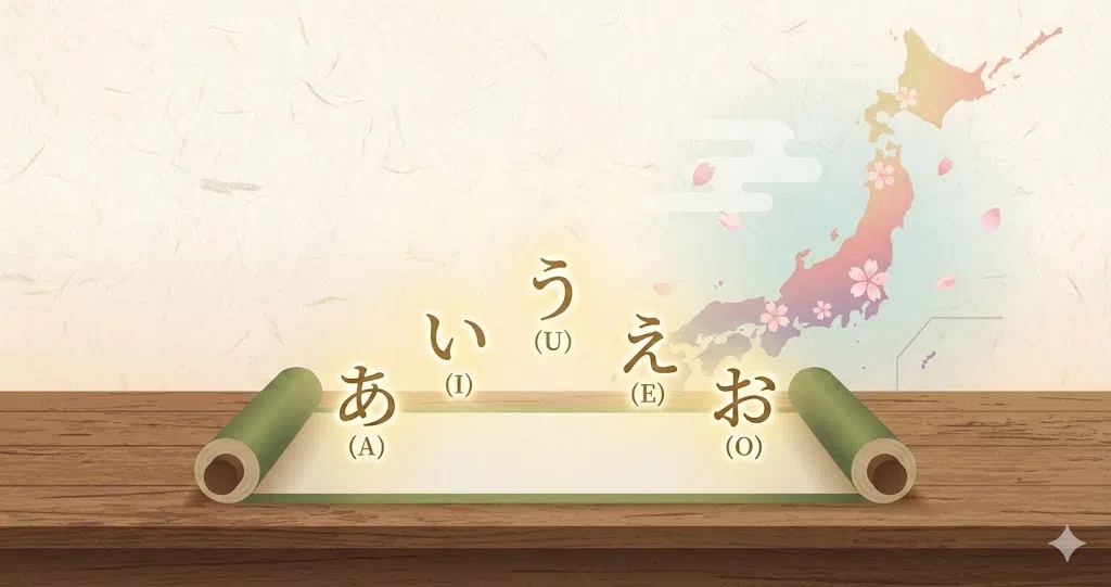 机の上に広げられた和風の巻物から、ひらがなの「あいうえお」が光となって浮かび上がっているイラスト。背景には日本地図が描かれている。