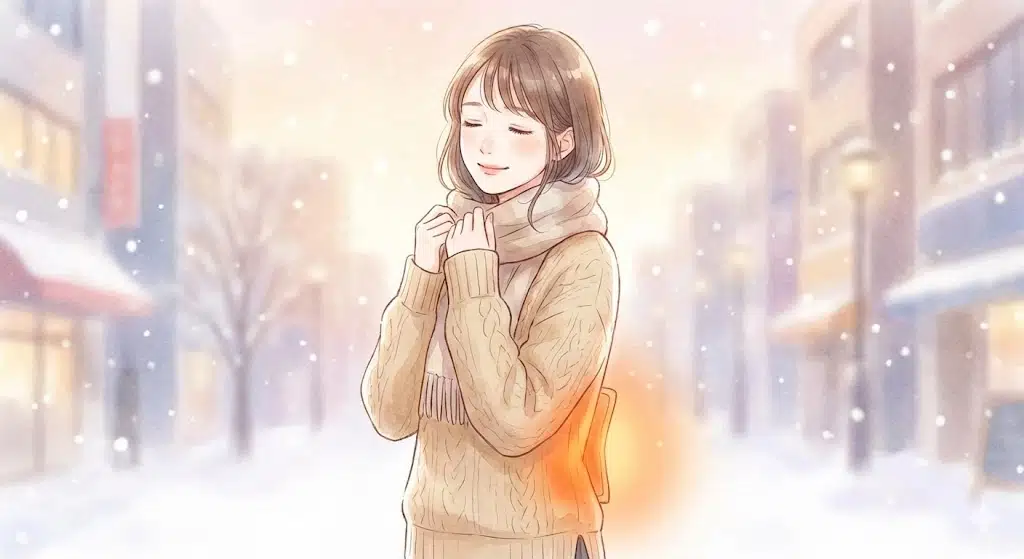 冬の街中でニットを着た女性が、腰に貼ったカイロの温かさに包まれてほっとしている様子。