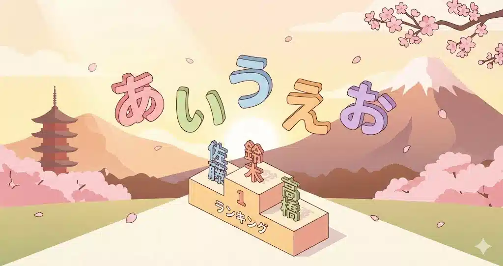日本の風景を背景に、あいうえおのひらがな文字とランキングの表彰台が描かれた、親しみやすいアイキャッチ画像。