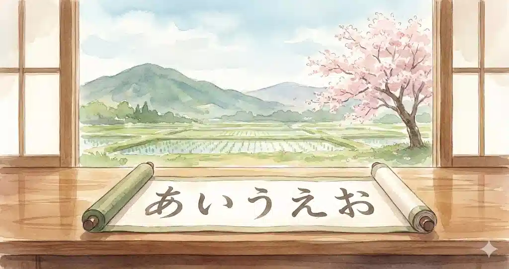 日本の美しい里山の風景を背景に、あいうえおの文字が書かれた巻物が机に置かれている水彩画風のイラスト。