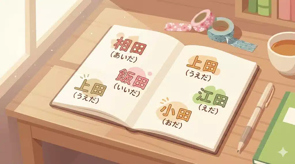 学習机の上に広げられたノートと筆記用具。ノートには日本の表札を模したイラストが描かれており、あ行の苗字について学ぶ楽しさを表現している。