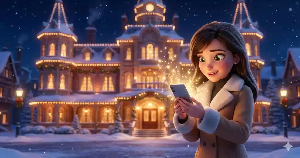 冬の夜、ライトアップされた豪華なホテルの前で、スマートフォンを嬉しそうに見つめる女性。画面から魔法の光が溢れており、キャンセル拾いで予約が取れた喜びを表現している。