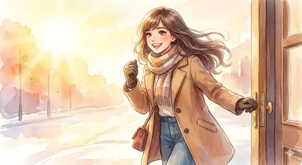 晴れた冬の朝、正しいカイロの貼る場所を知り、寒さ対策を万全にして笑顔で元気に家を出る女性のイラスト。