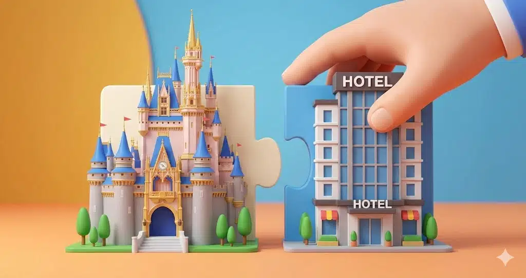 豪華なお城のようなホテルと、現代的なホテルの模型をパズルのように組み合わせている様子。1泊だけ憧れのホテルに泊まり、他を別のホテルにする賢い組み合わせプランを表現。