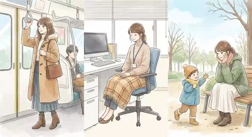 通勤電車の中、オフィスのデスク、屋外の公園という3つのシーンで、それぞれ寒さ対策をして快適に過ごす女性のイラスト。