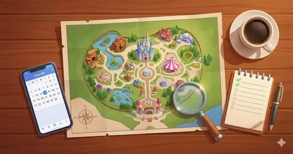 机の上に広げられたテーマパークの地図、スマホ、チェックリスト、コーヒー、虫眼鏡。キャンセル拾いを成功させるための作戦会議や準備をイメージしたデスクの様子。