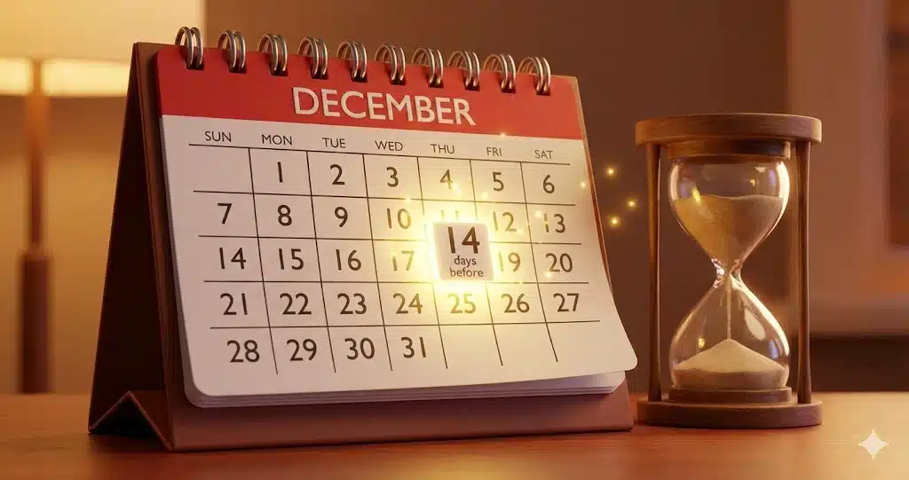 12月のカレンダー上で「14日前」の日付が明るく輝いている様子と、横に置かれた砂時計。キャンセルが出やすい重要なタイミングであることを示唆している。