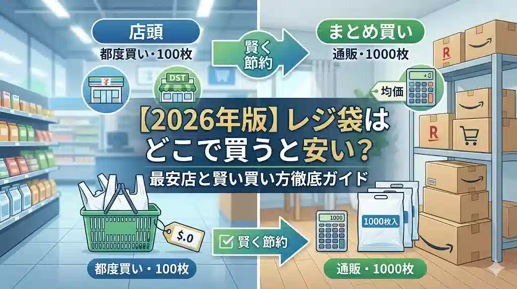 2026年版レジ袋の賢い買い方ガイド。左側に店舗での買い物カゴとレジ袋、右側に通販の段ボールと大量のストック袋が配置され、中央に「店頭 vs まとめ買い 最安ルート比較」の文字がある、明るくスマートなデザインのアイキャッチ画像。
