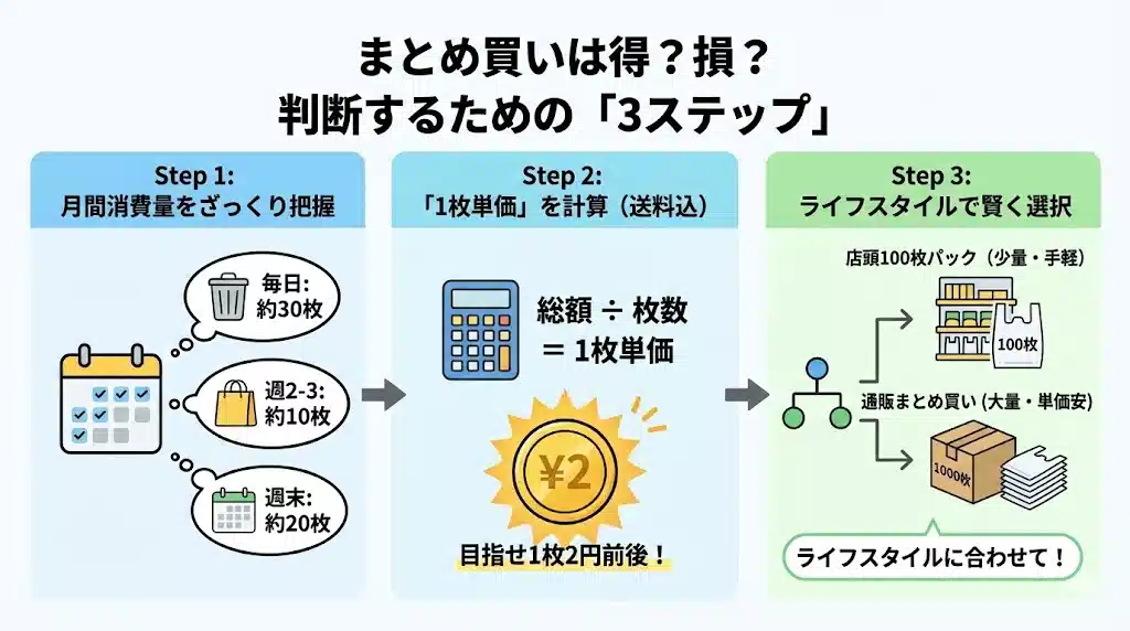 レジ袋のまとめ買いが得か損かを判断するための3ステップを示すインフォグラフィック。左から右へ、Step 1「月間消費量を把握」、Step 2「1枚単価を計算」、Step 3「賢く選択」の順にイラストとテキストが並んでいる。