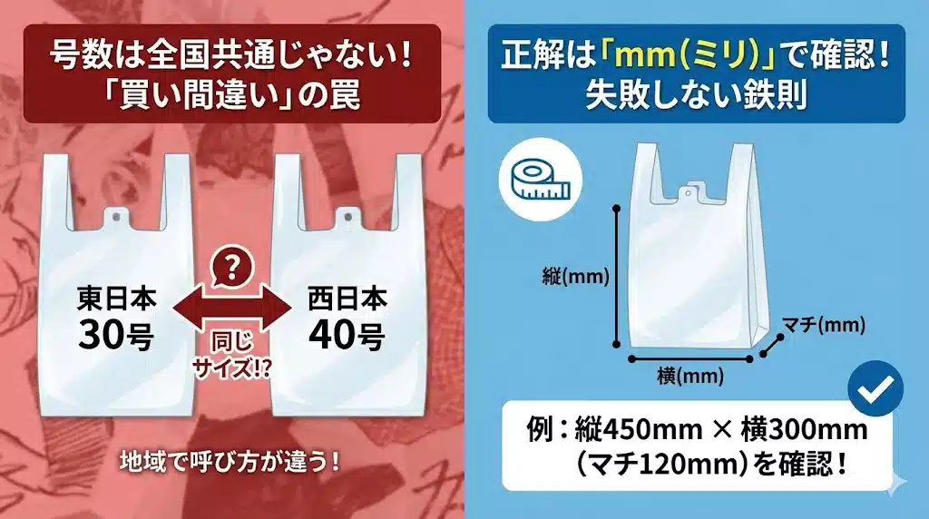 レジ袋のサイズ選びに関するインフォグラフィック。左側に「東日本30号」と「西日本40号」が同じ大きさの袋を示しているイラストがあり、中央に「号数は全国共通じゃない！」という注意書きがある。右側には「正解はmmで確認！」という見出しと共に、袋の縦・横・マチをメジャーで測っているイラストと、具体的な寸法表記の例が示されている。