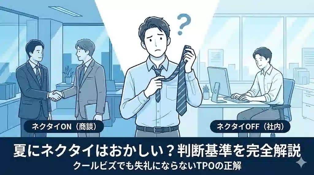 夏のオフィス街でネクタイをするか迷うビジネスマンのイラスト。背景には「ネクタイON（商談）」と「ネクタイOFF（社内）」のシーンが対比され、中央に「夏にネクタイはおかしい？判断基準を完全解説」というタイトルが表示されている。