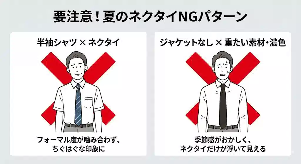 「要注意！夏のネクタイNGパターン」というタイトルのインフォグラフィック。左右に大きな「×」マークがついた2つのイラストがある。左は「半袖シャツ×ネクタイ」で「ちぐはぐな印象」と説明。右は「ジャケットなし×重たい素材」で「季節感がない・浮いて見える」と説明されている。