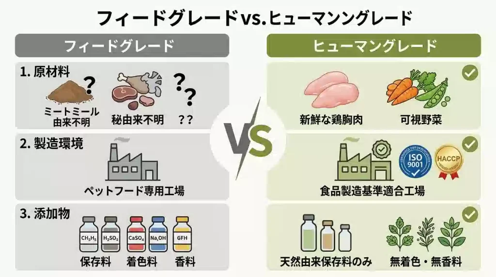 フィードグレードとヒューマングレードのドッグフードを原材料・製造環境・添加物の3軸で比較したインフォグラフィック。左側にフィードグレードの不明瞭な品質基準、右側にヒューマングレードの明確で高品質な基準が対比されている