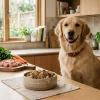 明るいキッチンで高品質なドッグフードを食べる健康的な犬の様子。新鮮な食材が背景に並び、家族として大切にされていることが伝わる温かい雰囲気