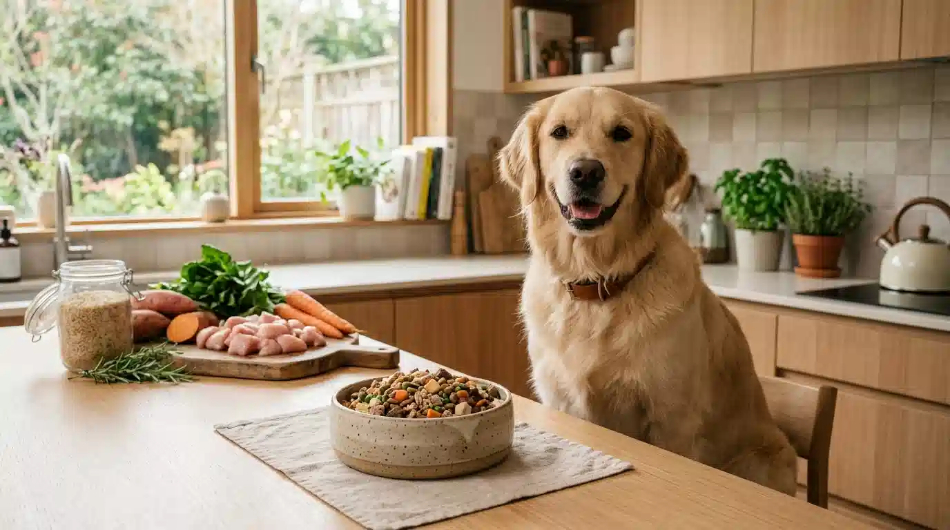 明るいキッチンで高品質なドッグフードを食べる健康的な犬の様子。新鮮な食材が背景に並び、家族として大切にされていることが伝わる温かい雰囲気