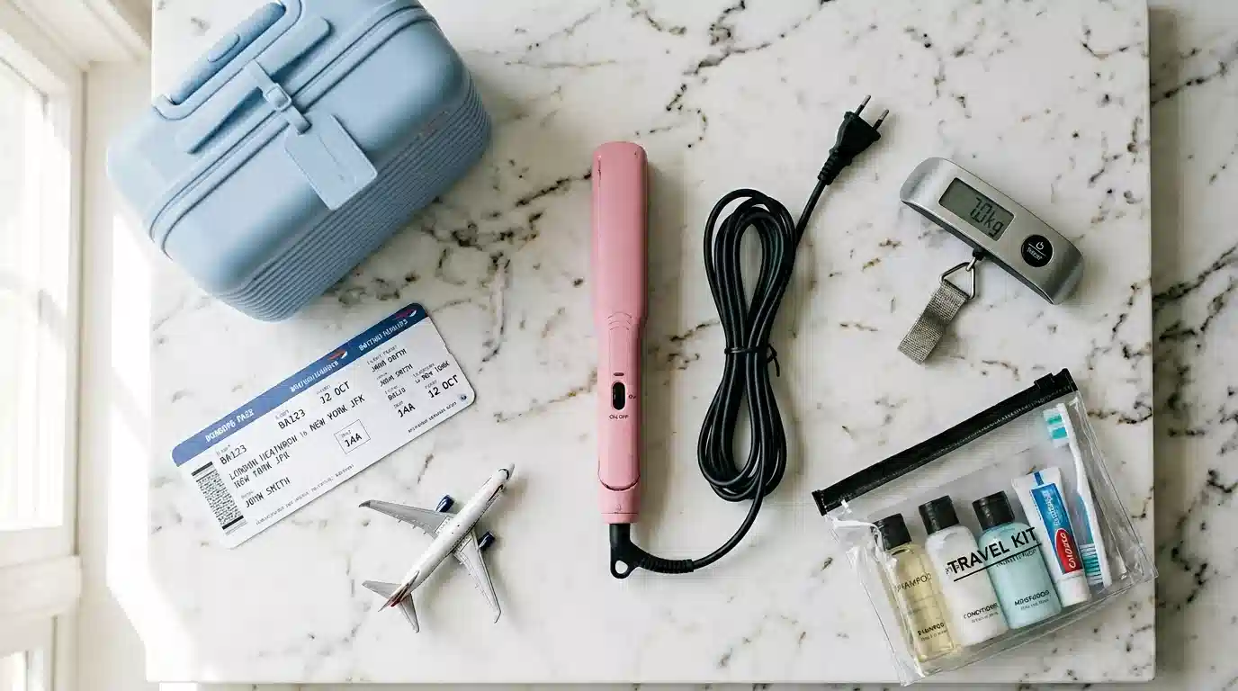 白い大理石の表面に配置された旅行用フラットレイ写真。中央にピンクのコンパクトヘアアイロン、周囲にパステルブルーのキャリーケース、搭乗券、ミニ飛行機模型、7kgを示す荷物計量器、透明な化粧品ポーチが配置されている。明るく爽やかな自然光の旅行雑誌スタイル。